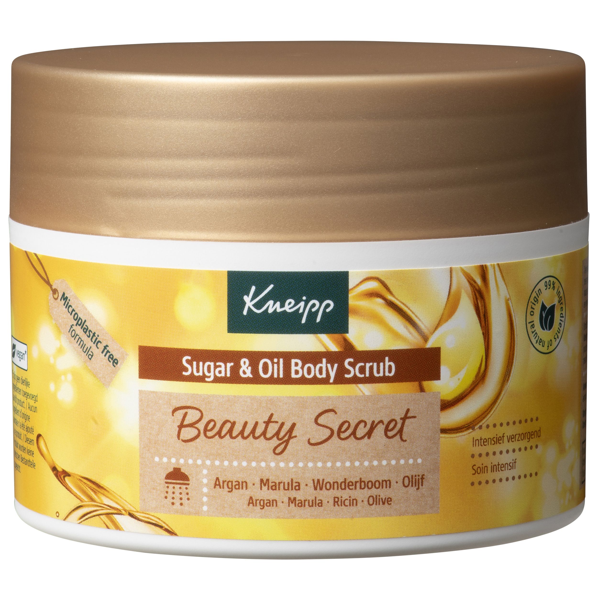 Pot avec couvercle doré. Inscription : Kneipp, Sugar & Oil Body Scrub, Beauty Secret. Avec certifications.