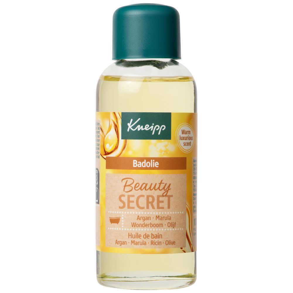 Huile de bain Kneipp Beauty Secret en flacon de verre avec bouchon vert.