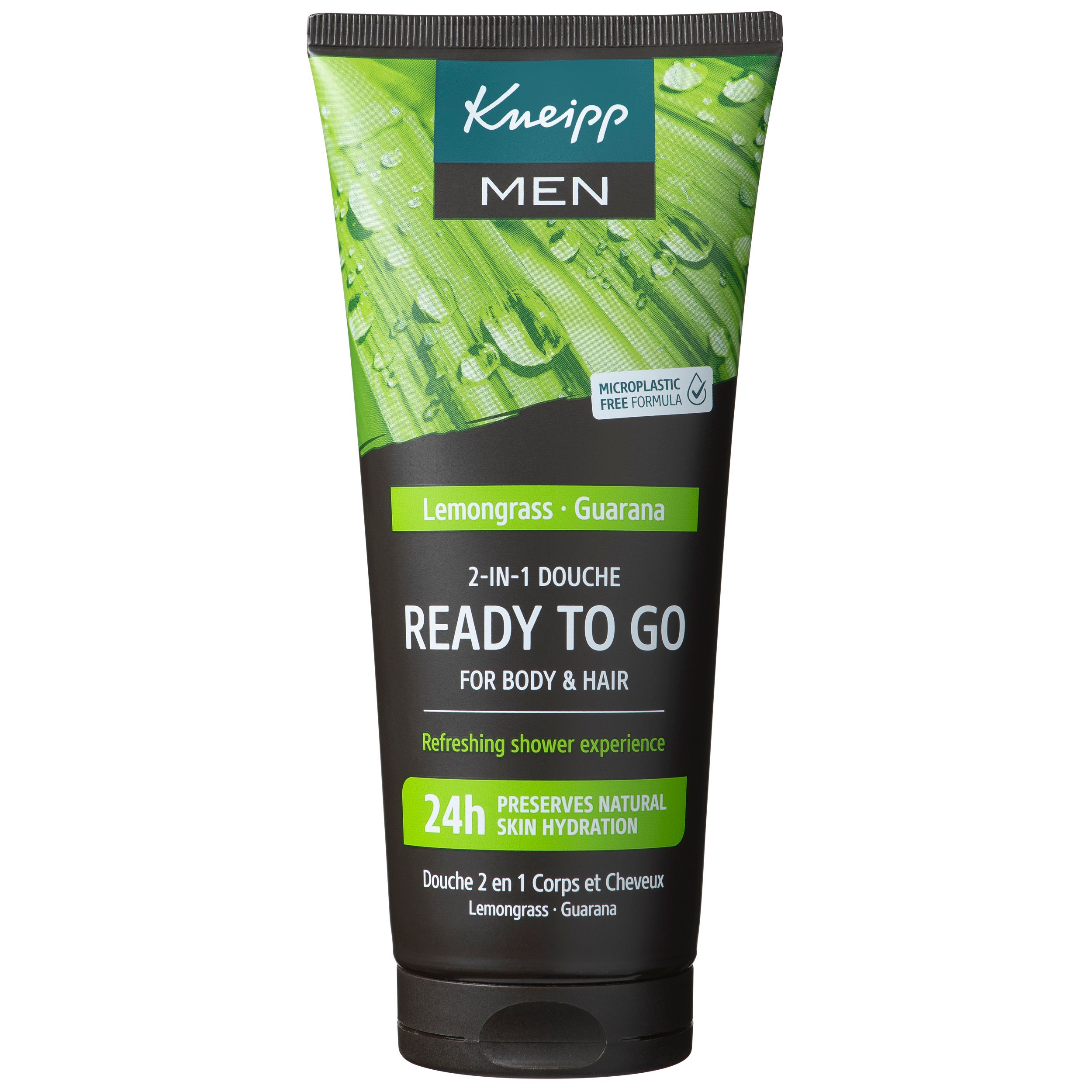 Tube de gel douche avec bouchon vert. Inscription: Ready to Go, 2-en-1 Douche, Lemongrass, Guarana. Marque Kneipp.
