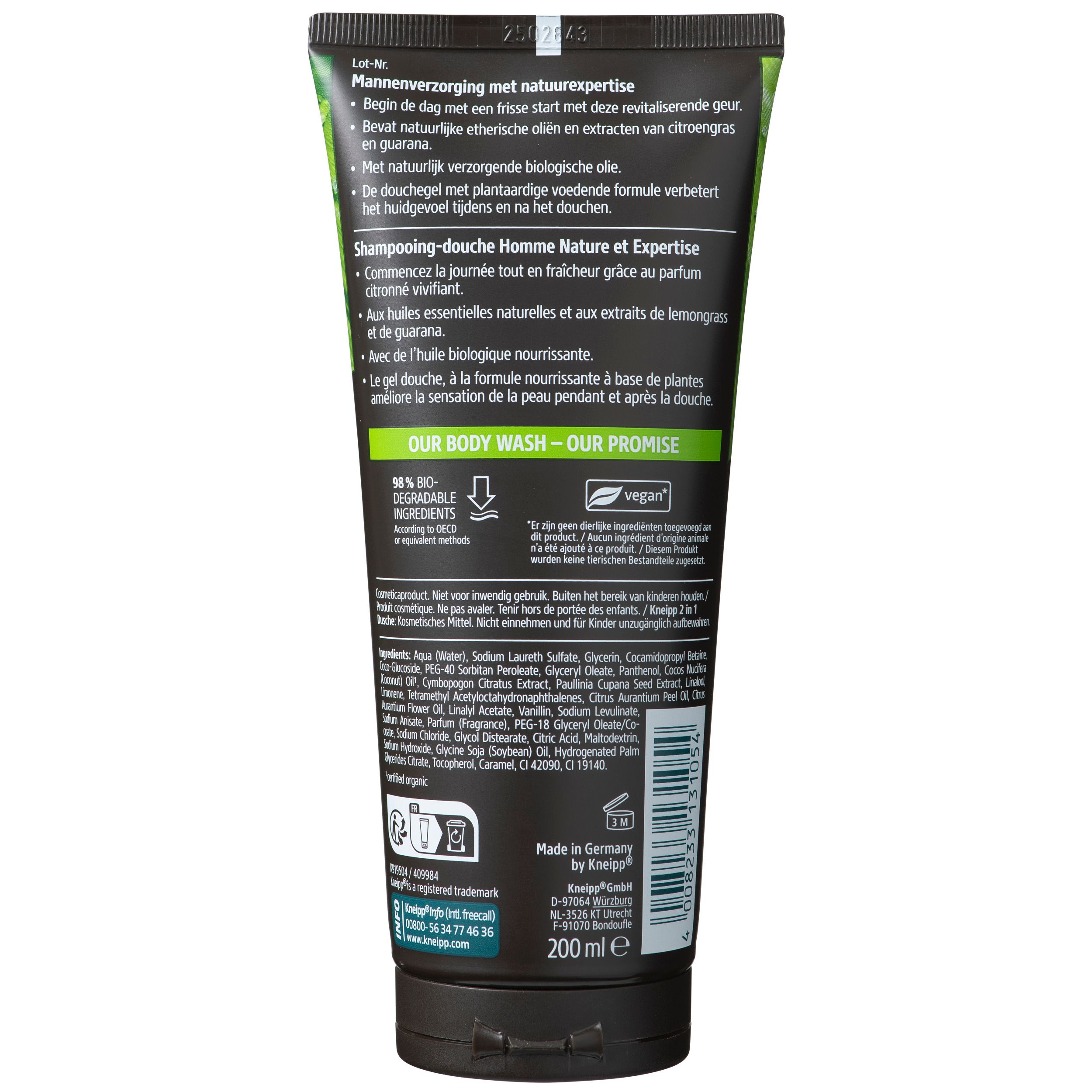 Dos du tube de gel douche. Texte en allemand, néerlandais et français. Bouchon noir. 200 ml.