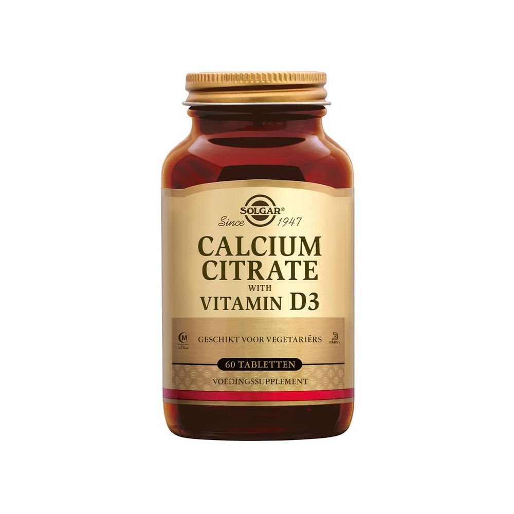 Flacon en verre brun avec couvercle doré. Étiquette avec "Calcium Citrat avec Vitamine D3" et "60 comprimés".