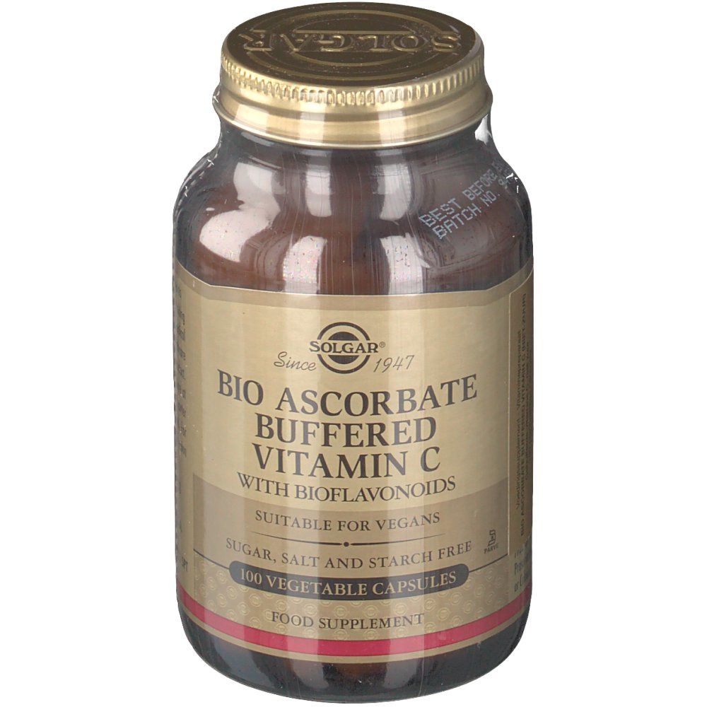 Flacon en verre brun avec couvercle doré. Étiquette avec nom du produit : Bio Ascorbate Buffered Vitamin C. Convient aux végétaliens.