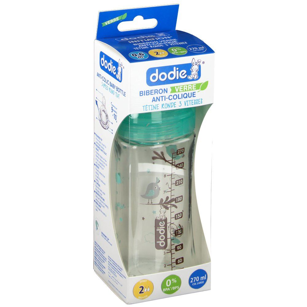 dodie® Biberon verre anti-colique tétine ronde 270 ml Oiseau 1 pc