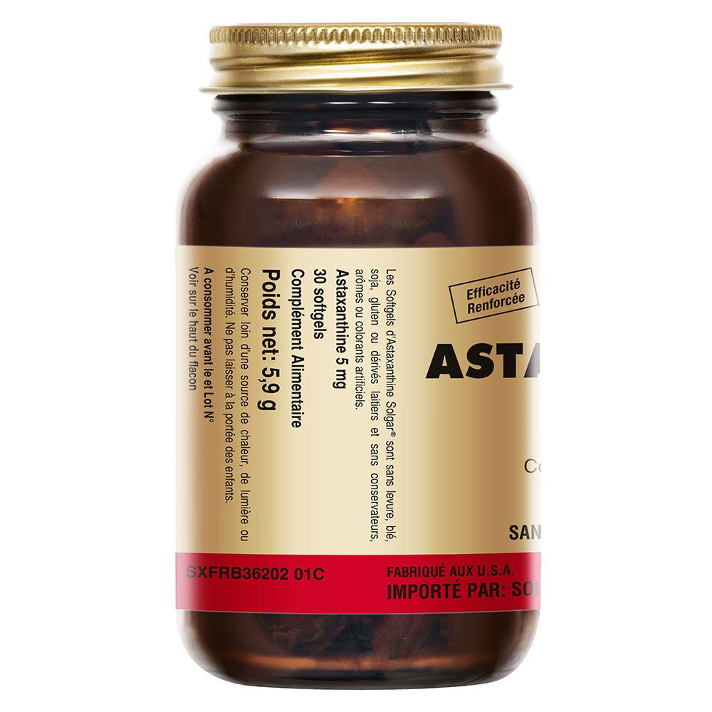 Dos du flacon. Texte: Astaxanthine 5 mg, 30 gélules. Fabriqué aux États-Unis.