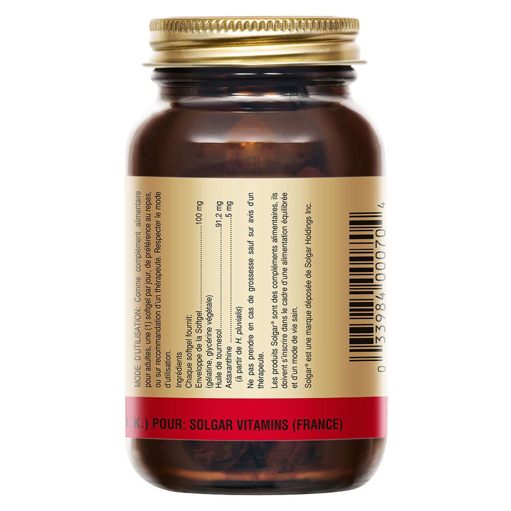 Dos du flacon. Ingrédients et instructions d'utilisation. Marque Solgar.