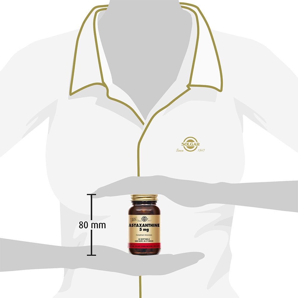 Femme tenant un flacon d'Astaxanthine 5 mg. Hauteur environ 80 mm.
