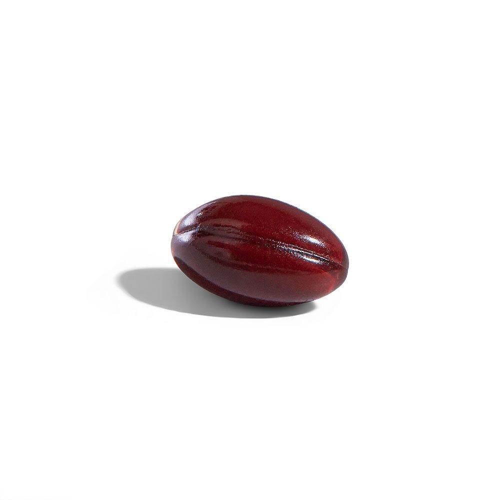 Gélule unique, oblongue, rouge foncé sur fond blanc.