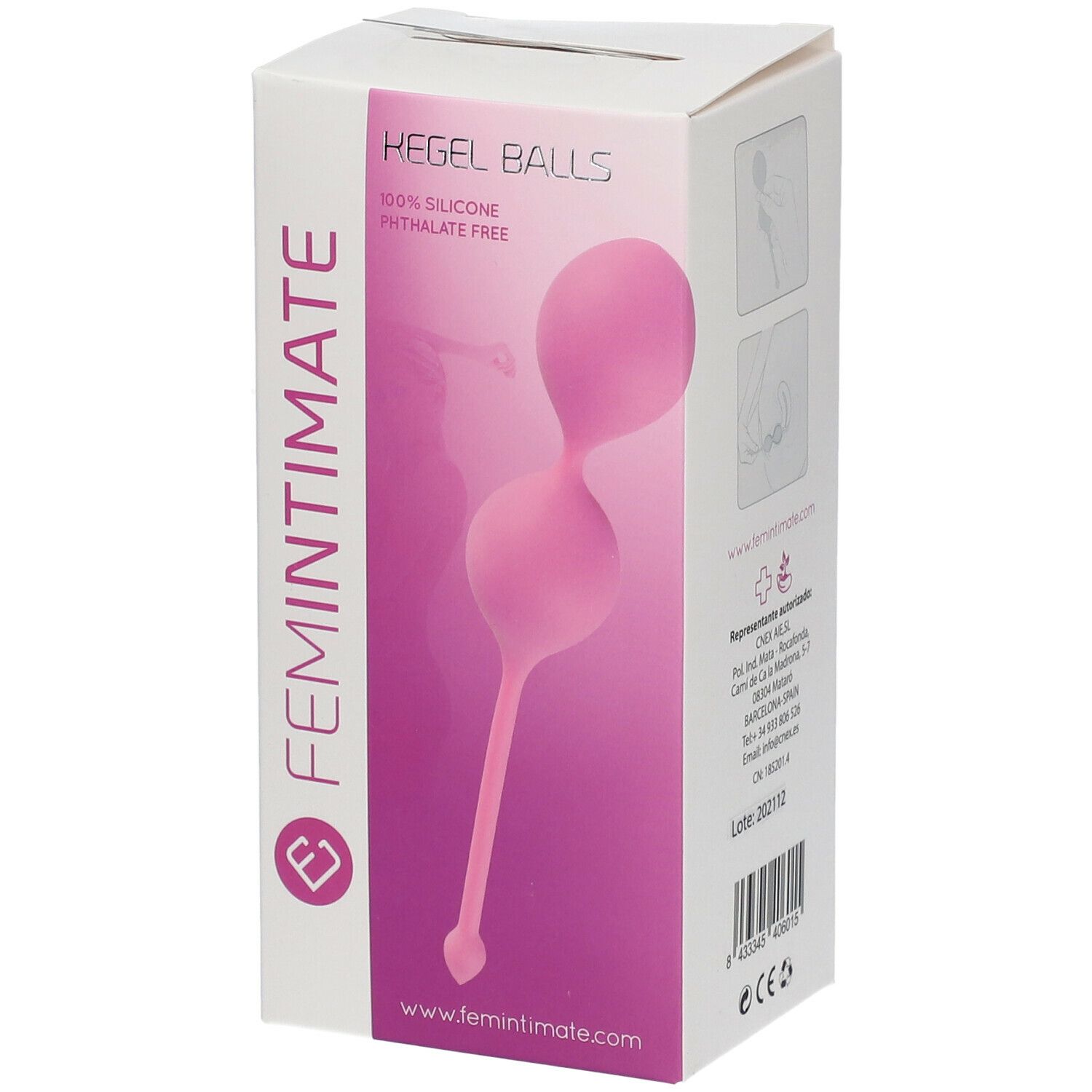 Boîte de boules de Kegel roses. Inscription : 100% silicone, sans phtalate. Marque : Femintimate.