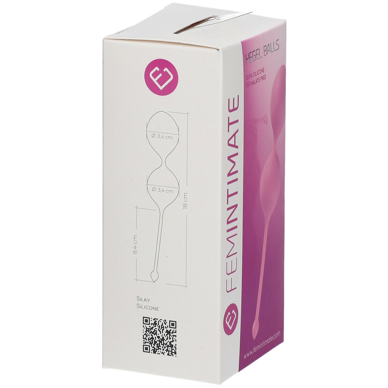 Boîte avec dessin de boules de Kegel. Dimensions : 3,4 cm de diamètre, 18 cm de long. Matière : silicone. Marque : Femintimate.