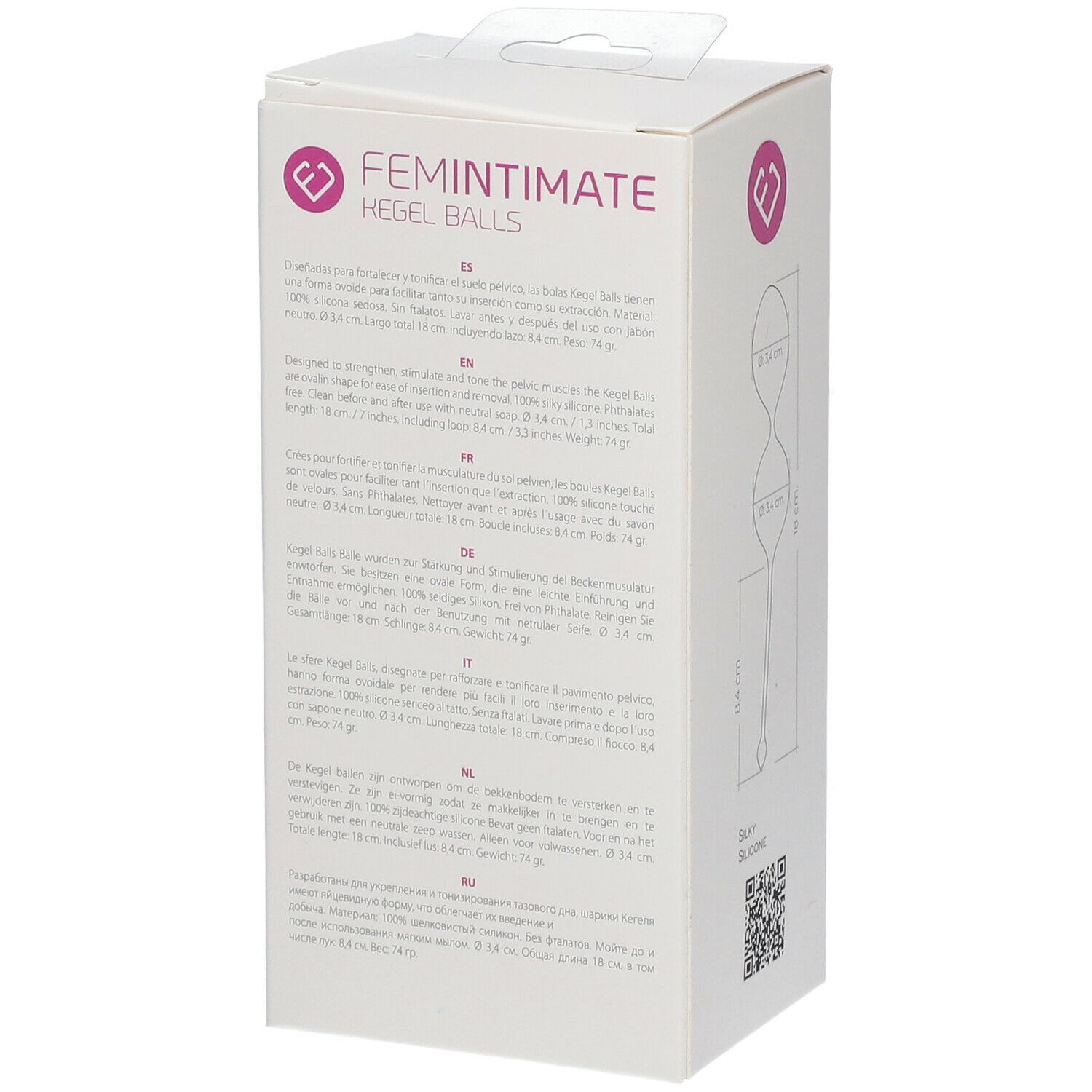 Boîte avec texte multilingue. Descriptions des boules de Kegel. Marque : Femintimate. Matière : silicone.