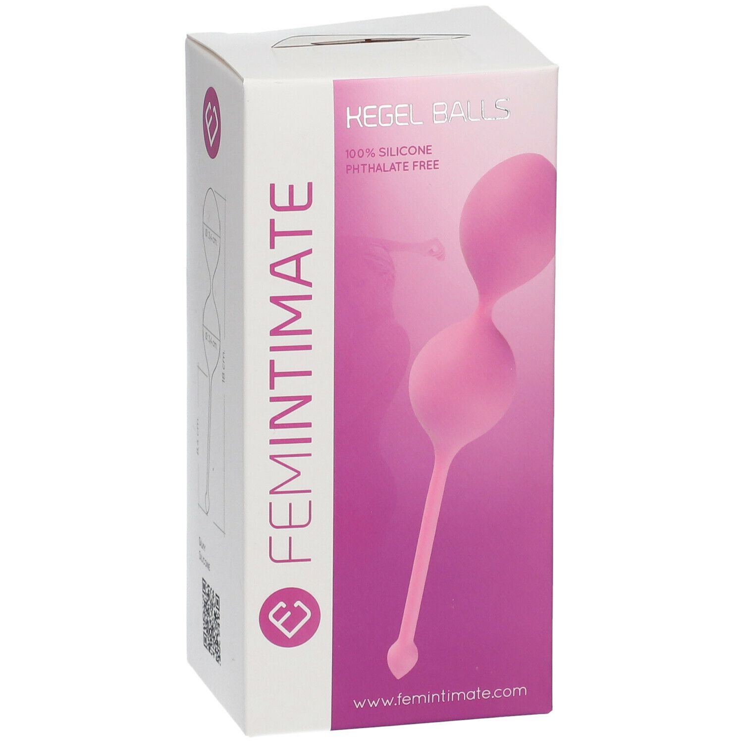 Boîte avec boules de Kegel roses. Inscription : 100% silicone, sans phtalate. Marque : Femintimate.
