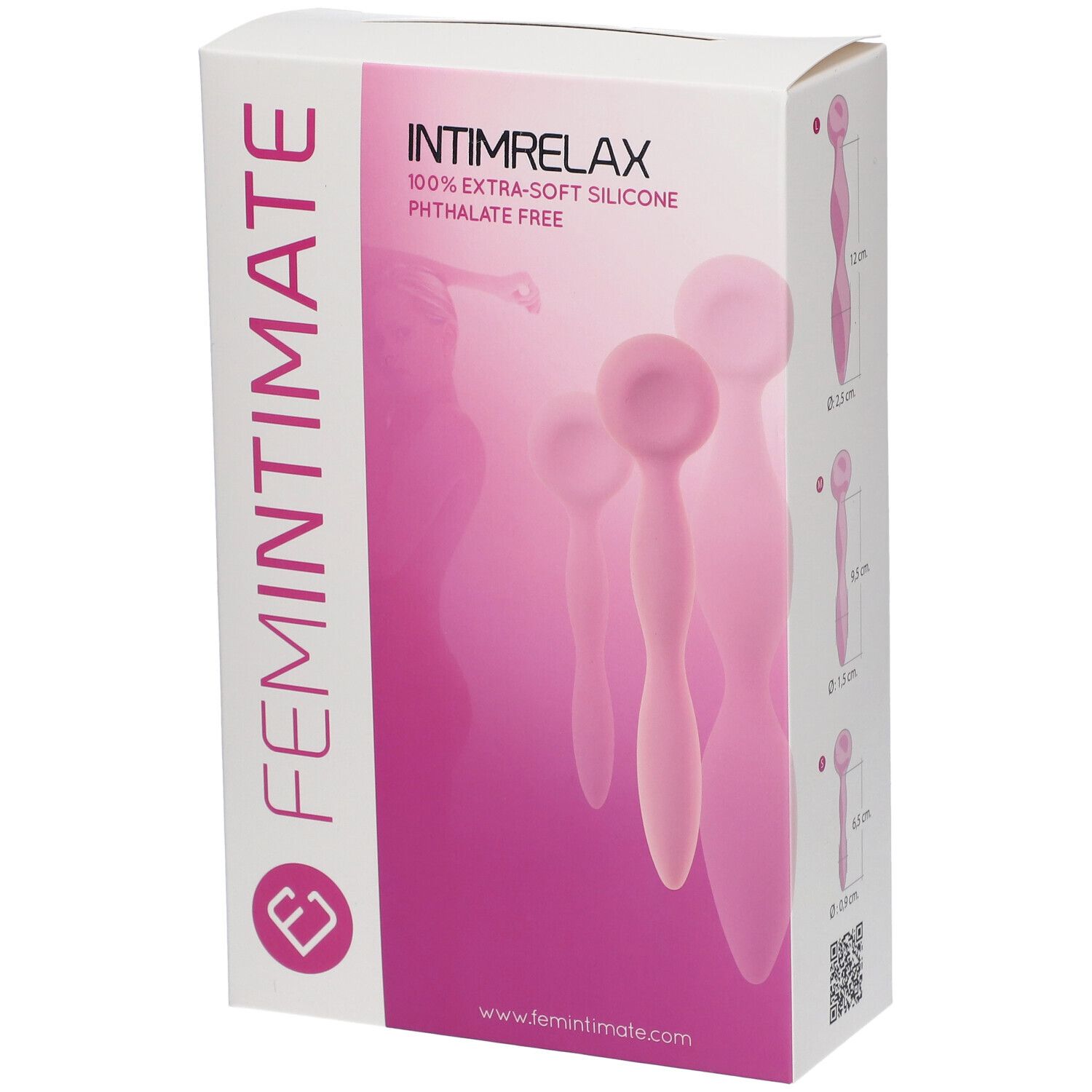 Boîte avec illustrations du produit. Inscriptions: FEMINTIMATE, INTIMRELAX, 100% silicone extra-doux, sans phtalate. Illustrations roses du produit.