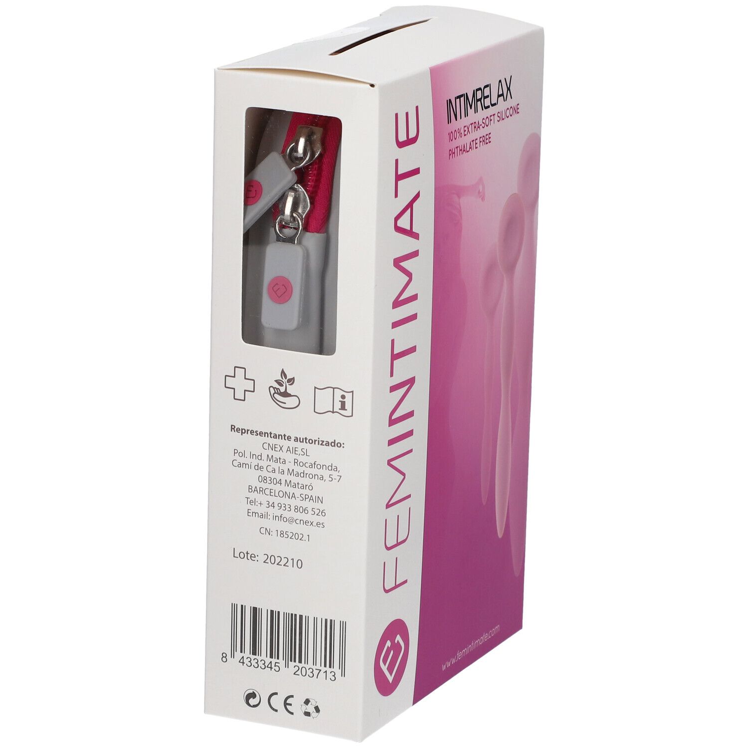Boîte avec illustration du produit. Inscriptions: FEMINTIMATE, INTIMRELAX, 100% silicone extra-doux, sans phtalate. Fenêtre avec produit.
