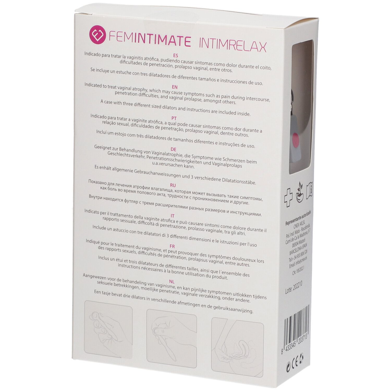 Boîte avec texte multilingue. Inscriptions: FEMINTIMATE, INTIMRELAX. Contient trois dilatateurs et instructions d'utilisation.