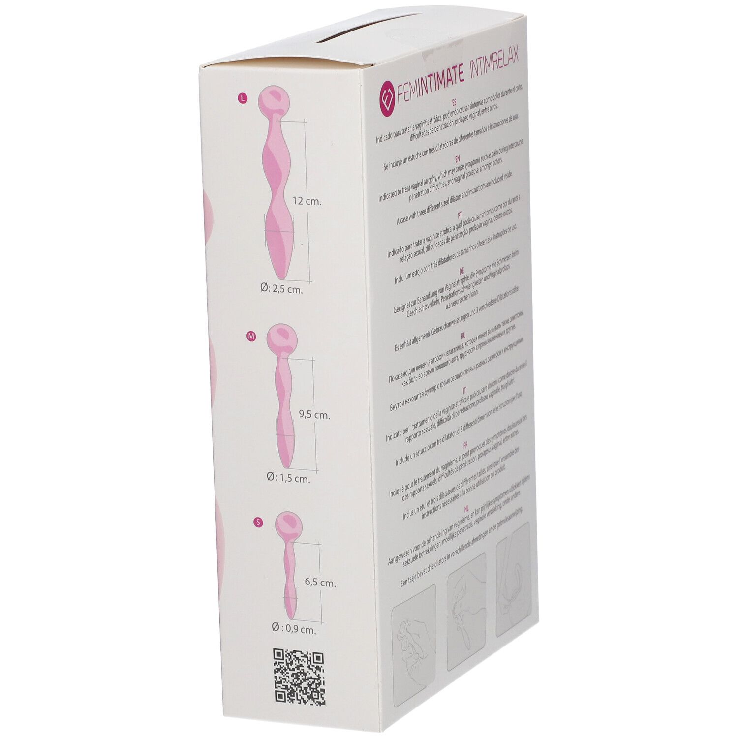 Boîte avec illustrations et dimensions du produit. Inscriptions: FEMINTIMATE, INTIMRELAX. Trois dilatateurs roses avec tailles.