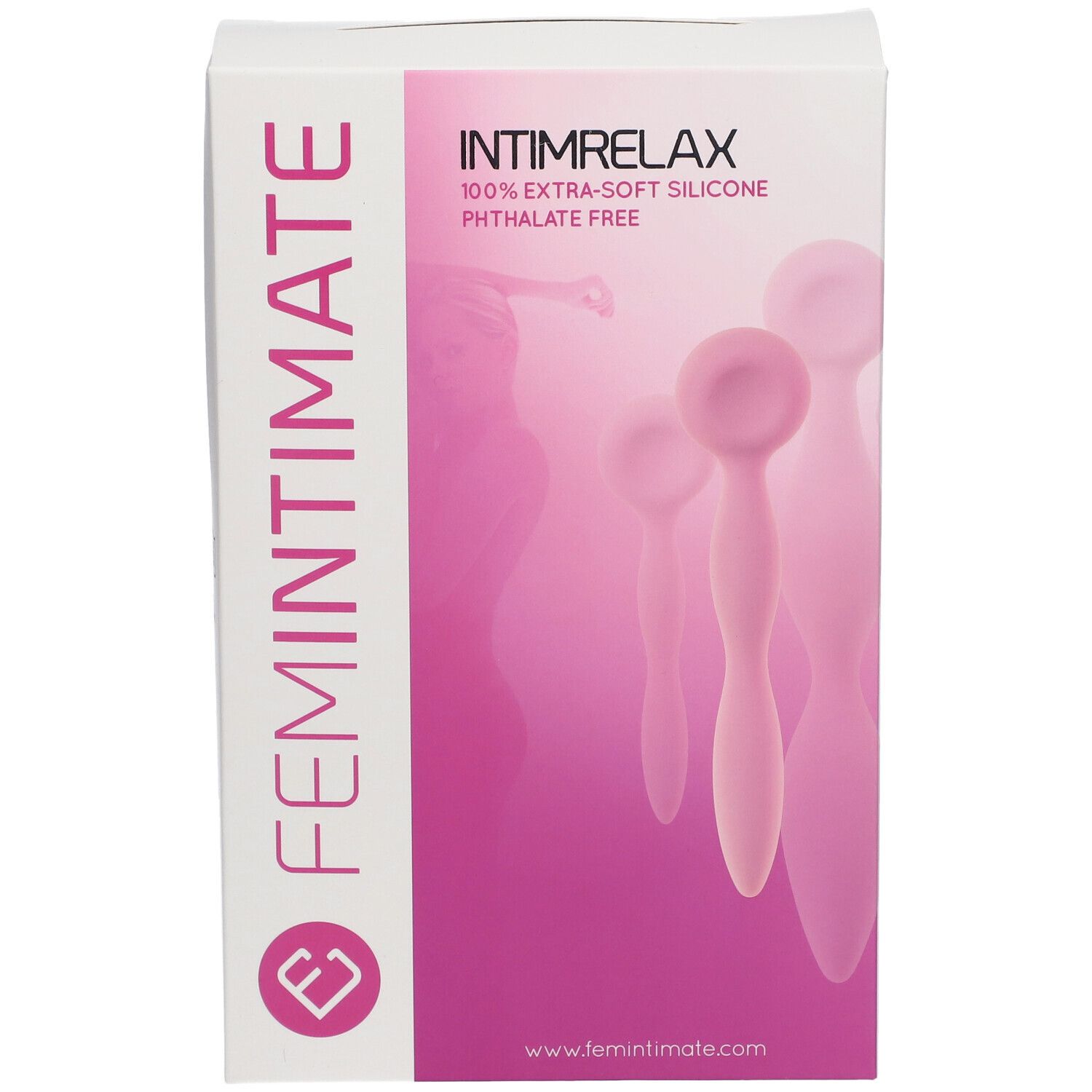 Boîte avec illustration du produit. Inscriptions: FEMINTIMATE, INTIMRELAX, 100% silicone extra-doux, sans phtalate. Illustrations roses du produit.