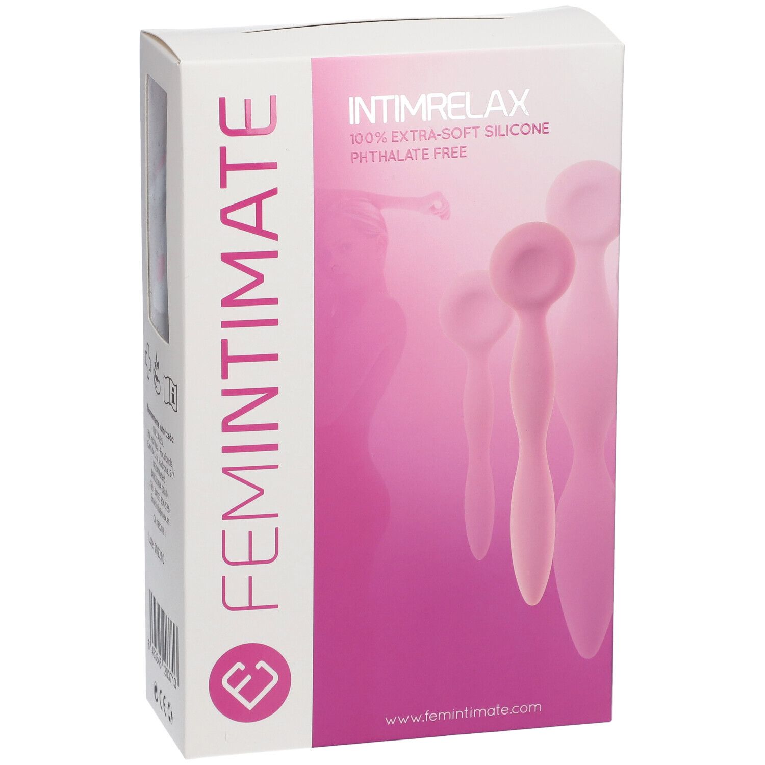 Boîte avec illustration du produit. Inscriptions: FEMINTIMATE, INTIMRELAX, 100% silicone extra-doux, sans phtalate. Illustrations roses du produit.