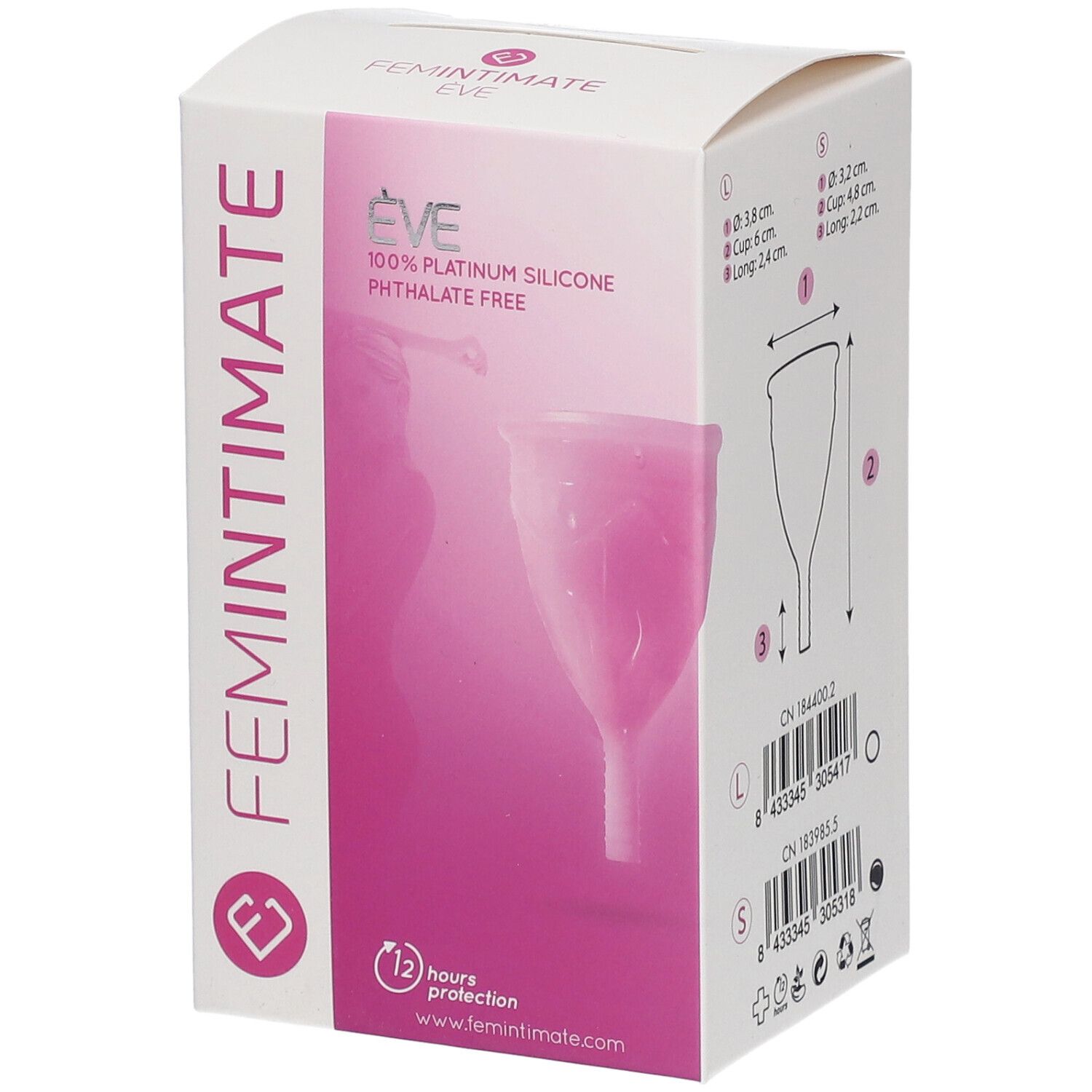 Emballage Femintimate Eve. Coupe menstruelle rose. Texte: 100% silicone platine, sans phtalate. Protection 12 heures.