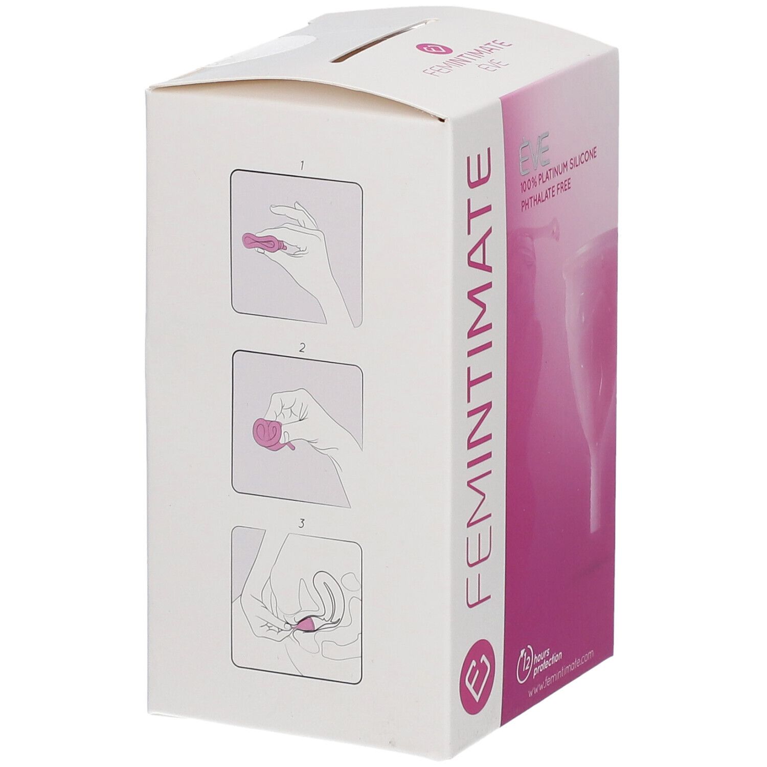 Emballage Femintimate Eve. Illustrations: utilisation de la coupe menstruelle. Texte: Femintimate Eve.