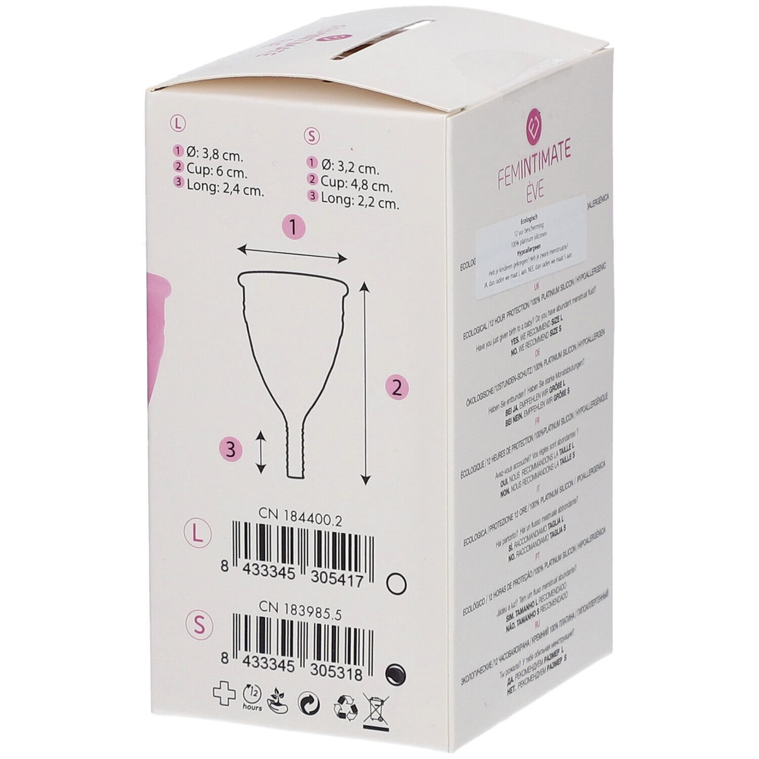 Emballage Femintimate Eve. Dimensions de la coupe menstruelle. Tailles L et S. Codes-barres.