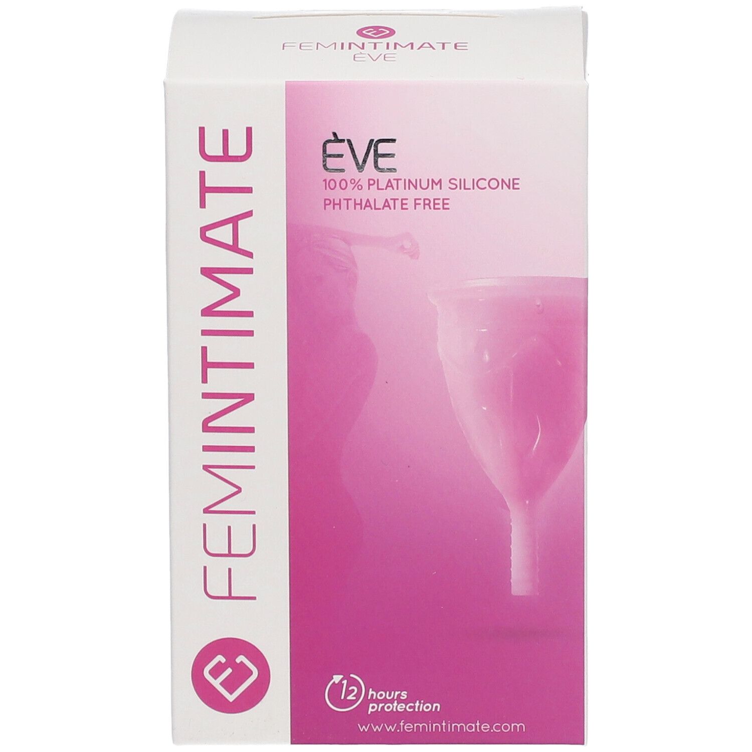 Emballage Femintimate Eve. Coupe menstruelle rose. Texte: 100% silicone platine, sans phtalate. Protection 12 heures.