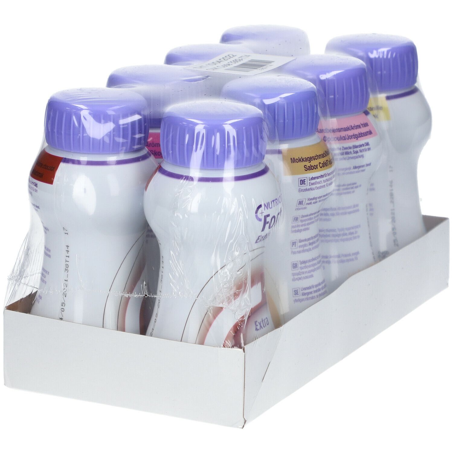 Emballage de bouteilles. Inscription 'Fortimel extra'. Bouteilles avec bouchons violets et étiquettes blanches. Emballé dans du film plastique.