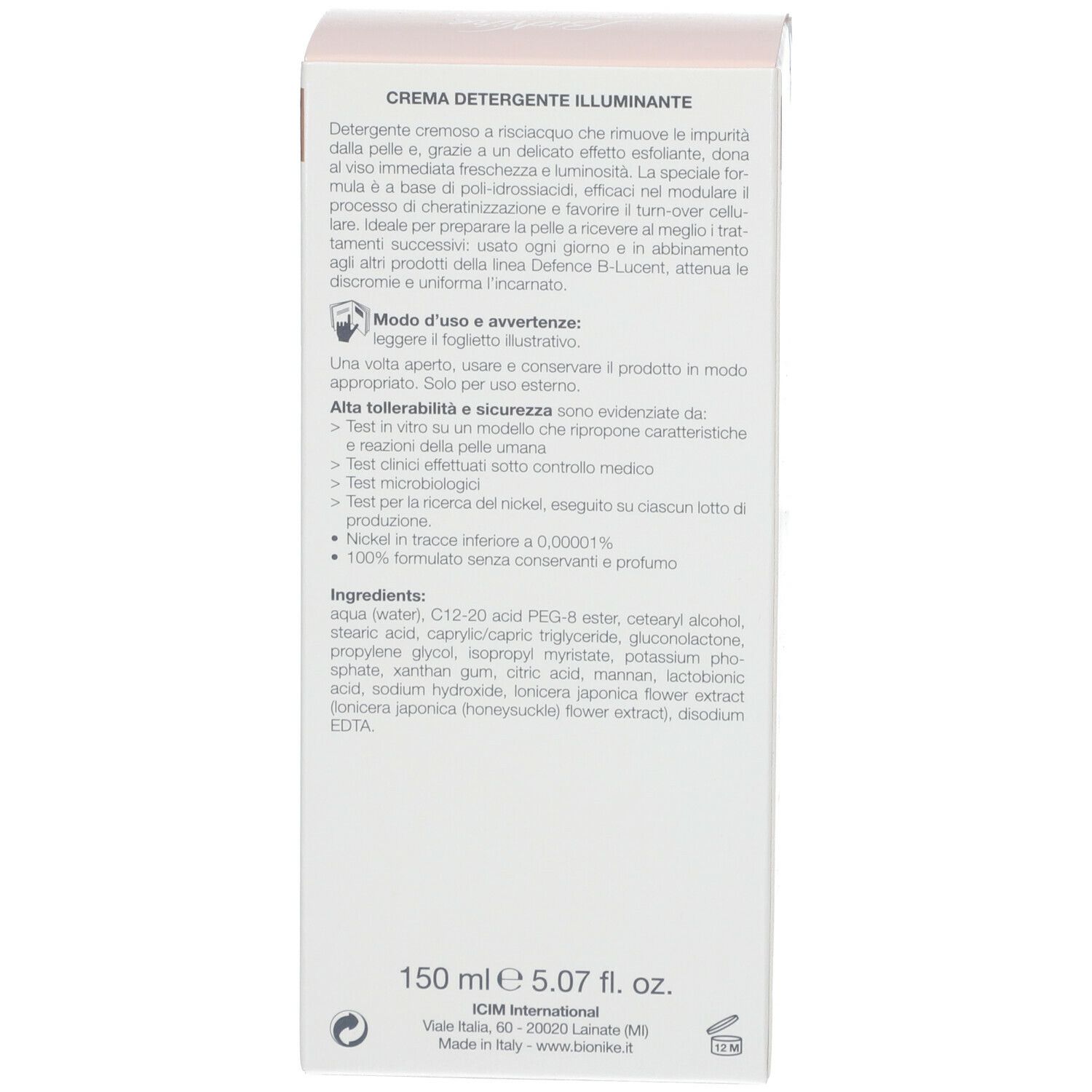 Côté de l'emballage avec informations produit. 150 ml. Ingrédients. Marque BioNike. Nickel inférieur à 0,00001%.