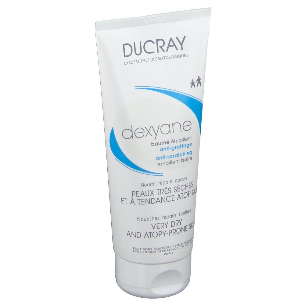 Tube blanche avec graphisme bleu et texte. "DUCRAY Dexyane" et informations produit. Comprend un bouchon.