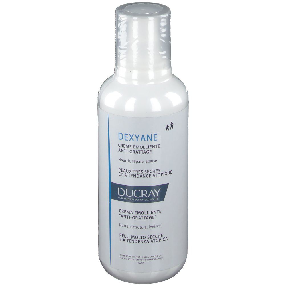 Flacon blanc de crème DUCRAY DEXYANE. Texte: Crème émolliente anti-grattage. Pour peaux très sèches.