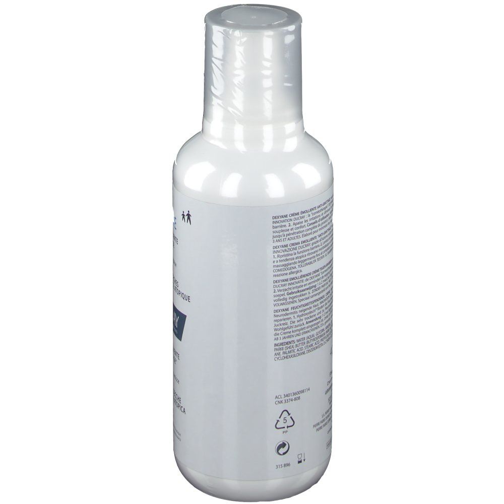 Flacon blanc avec texte. Vue arrière. Crème DUCRAY DEXYANE. Texte en français et italien.