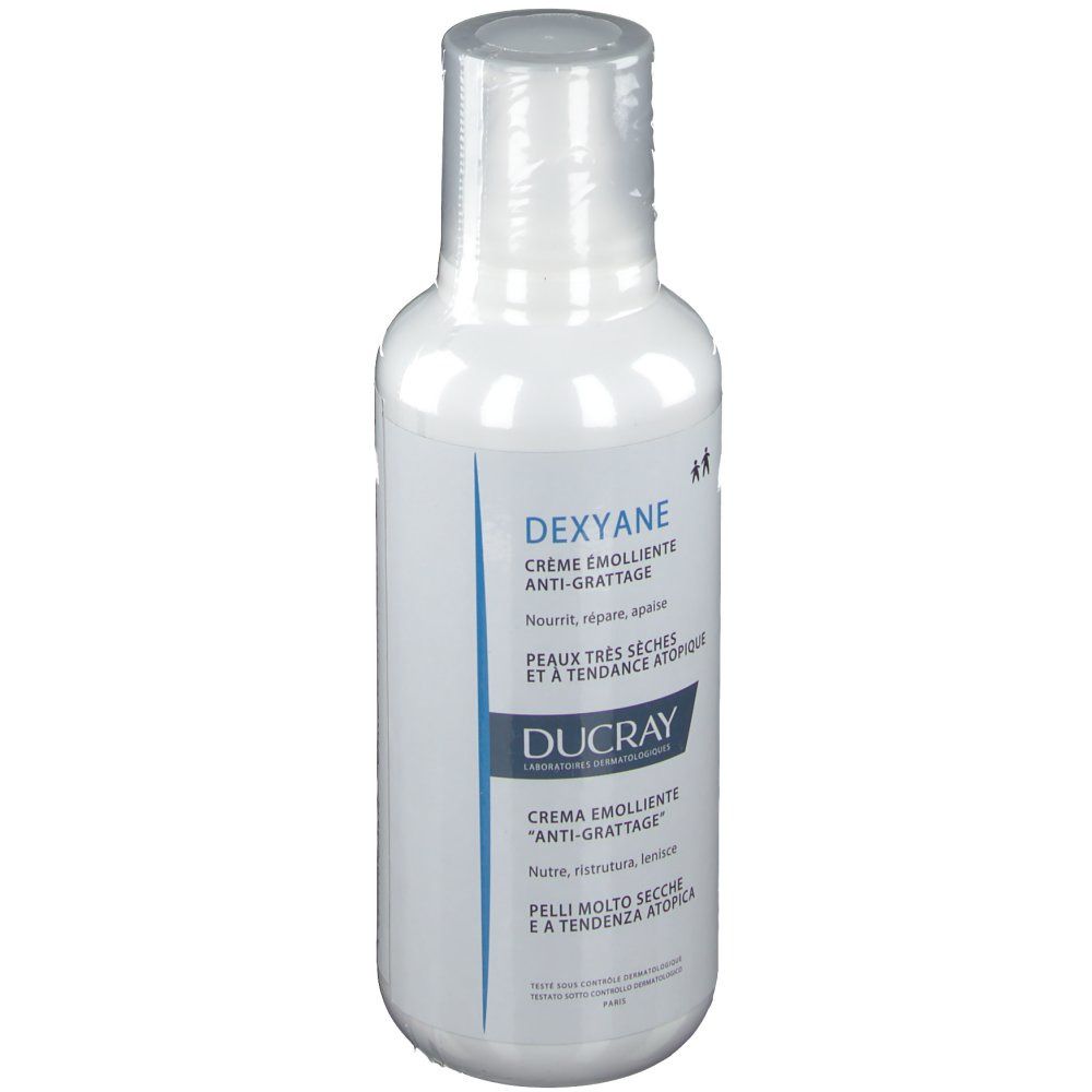 Flacon blanc de crème DUCRAY DEXYANE. Texte: Crème émolliente anti-grattage. Pour peaux très sèches.