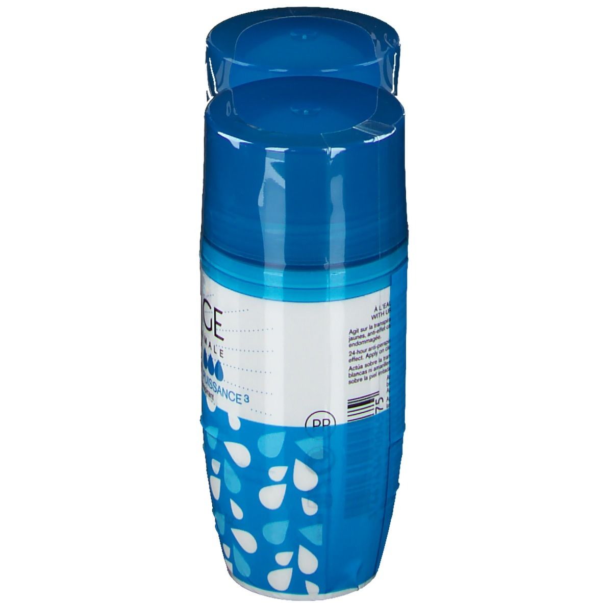 Roll-on bleu, vue de dessus. Inscription: Uriage, Déodorant Puissance 3. Emballé dans du film plastique.