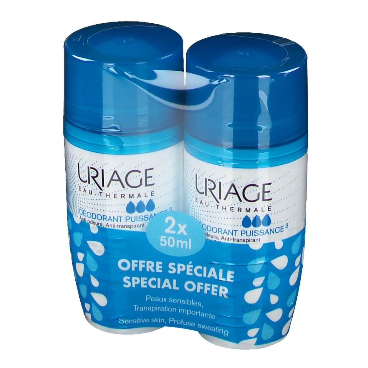 Deux roll-on bleus dans un emballage. Inscription: Uriage, Déodorant Puissance, 2x50ml. Offre spéciale.