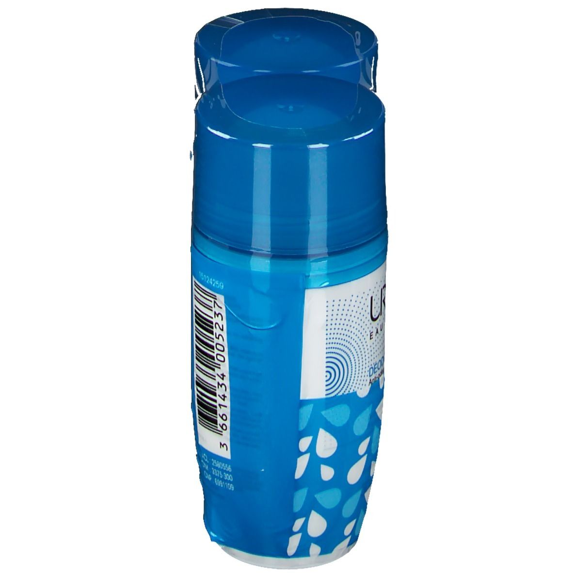 Roll-on bleu, vue de dessus. Inscription: Uriage, Déodorant Puissance 3. Emballé dans du film plastique.