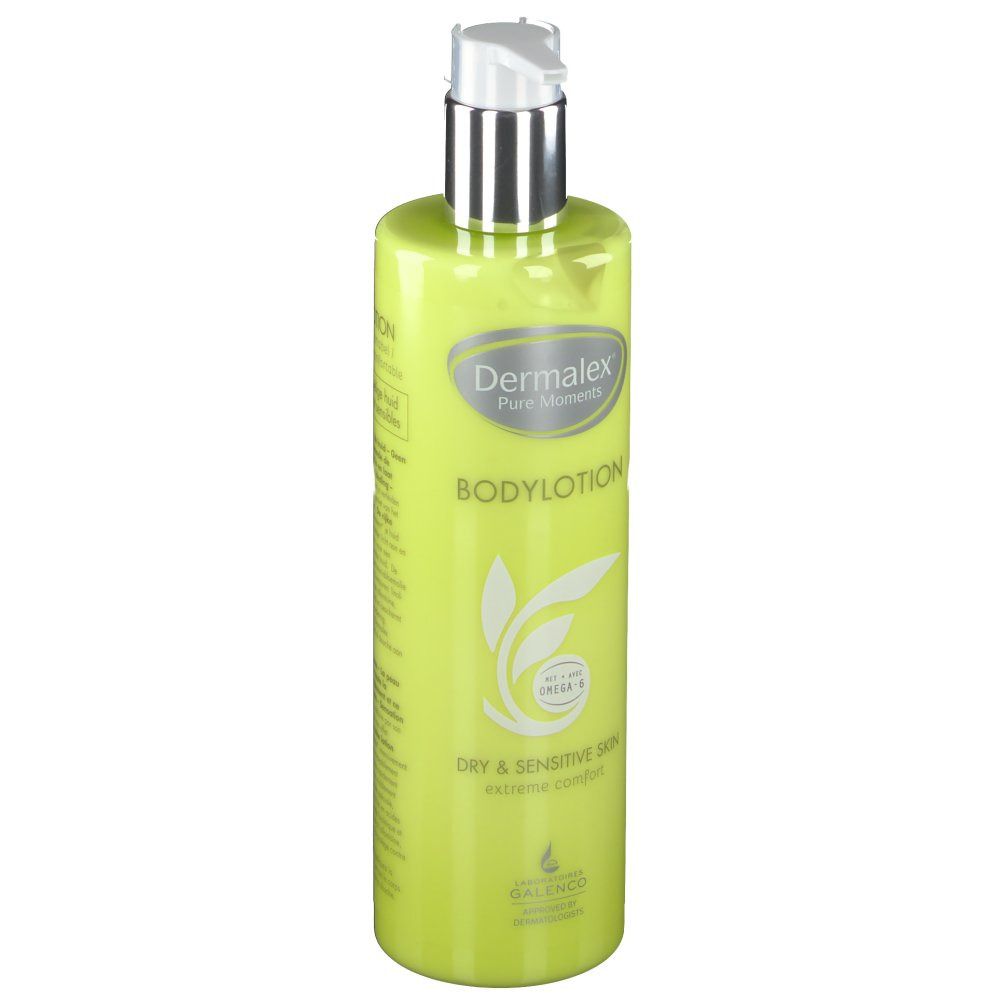 Flacon vert avec pompe argentée. Inscription: Dermalex Bodylotion. Pour peaux sèches et sensibles.