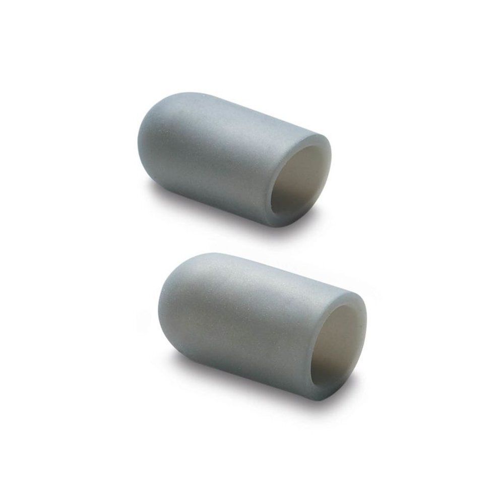 Deux protège-orteils gris. Forme cylindrique avec extrémité arrondie. Sur fond blanc.