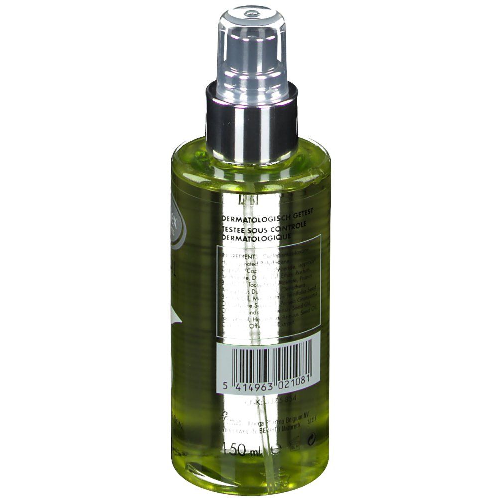 Dos du flacon spray. Dermalex Dry Oil. Code-barres et texte. Testé dermatologiquement.