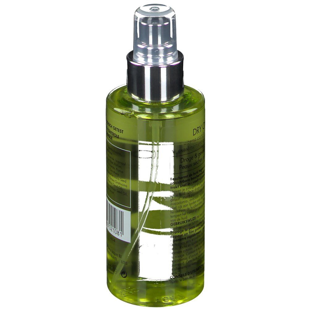 Vue arrière du flacon spray. Dermalex Dry Oil. Code-barres et texte. Testé dermatologiquement.