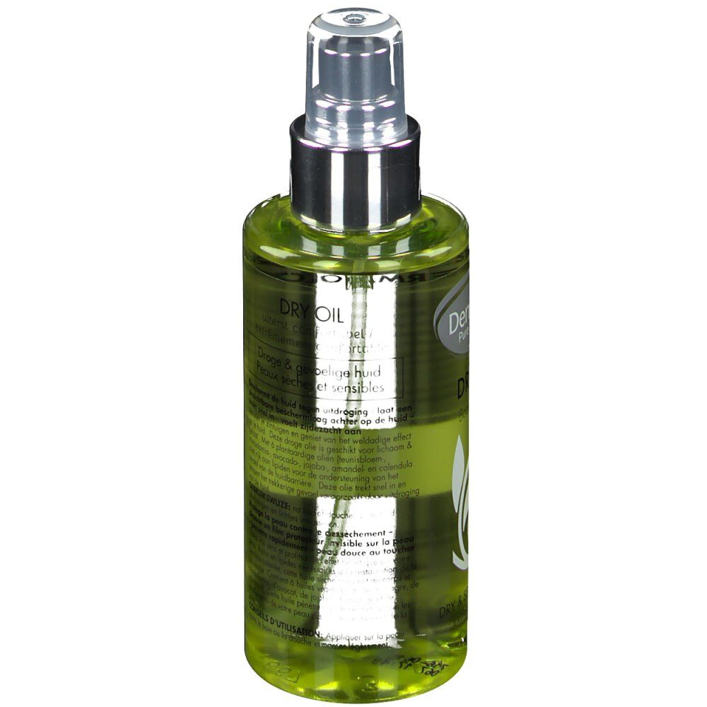 Flacon spray d'huile verte. Dermalex Dry Oil. Texte et informations. Pour peaux sensibles.