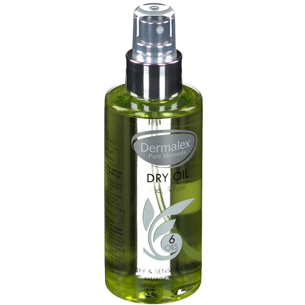 Huile sèche en flacon spray. Dermalex Pure Moments, Dry Oil, 6 huiles. Pour peaux sensibles.