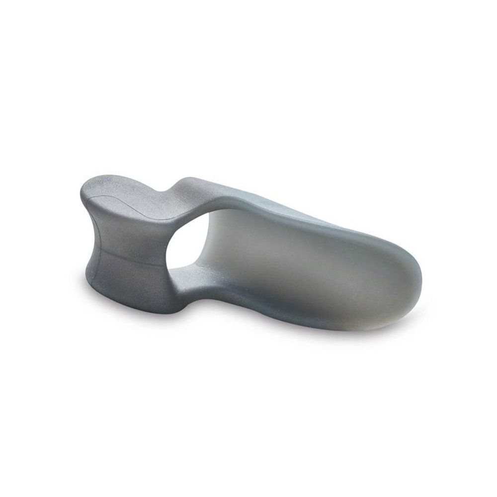 Correcteur d'hallux valgus gris. Matériau silicone, forme anatomique. Vue latérale.