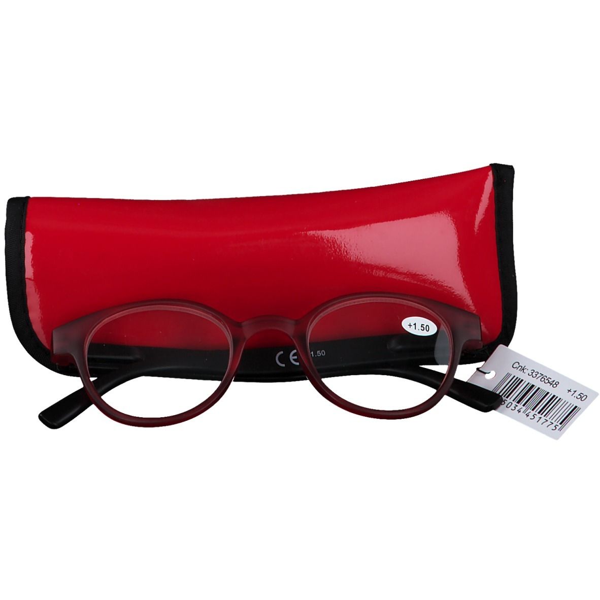 Lunettes de lecture rondes rouges et étui. Étiquette +1,50. Marque CE.