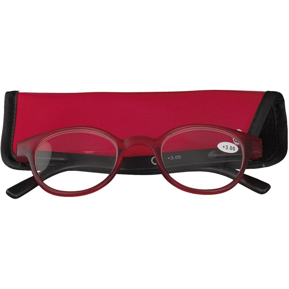 Lunettes de lecture rondes rouges et noires, +3.00. Dans un étui rouge. Monture et branches noires.