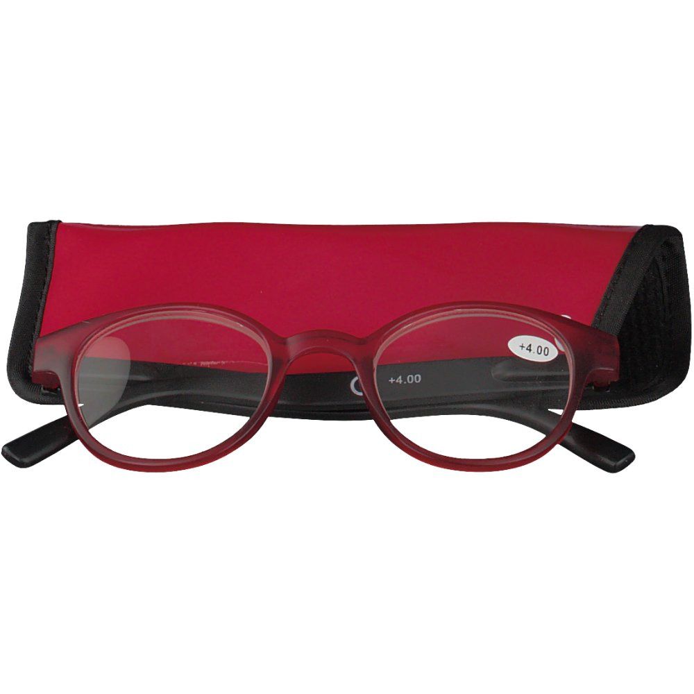 Lunettes de lecture rondes rouges/noires +4.00, avec étui rouge. Les lunettes sont posées sur l'étui.