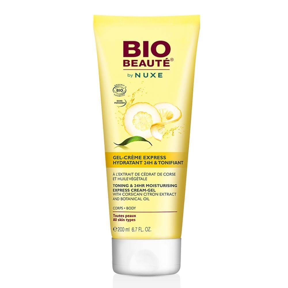 Tube de gel-crème jaune avec détails du produit. Contient de l'extrait de citron.
