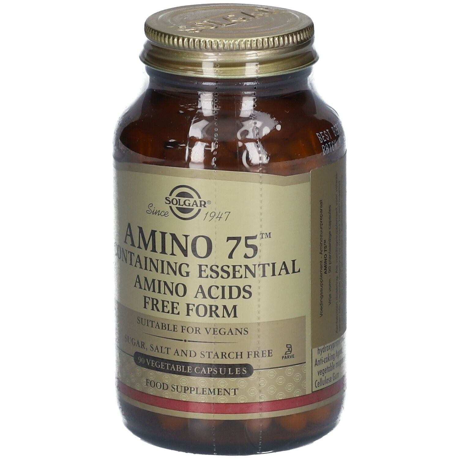 Flacon en verre brun avec couvercle doré. Étiquette "Solgar Amino 75". Contient 90 gélules. Convient aux végétaliens.