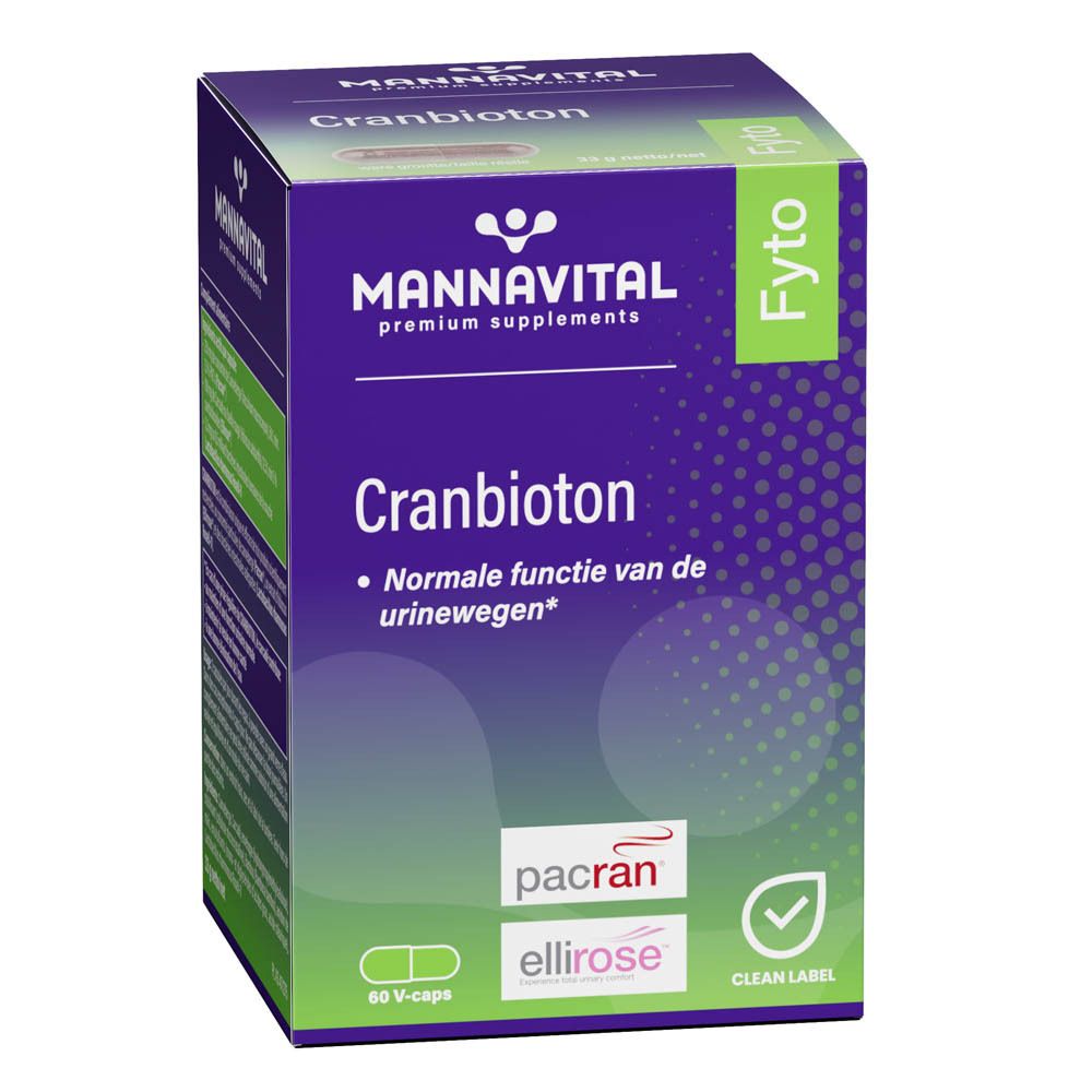 Boîte Mannavital Cranbioton. Emballage violet avec nom et logo du produit. Contient 60 V-Caps. Avec Pacran et Ellirose.