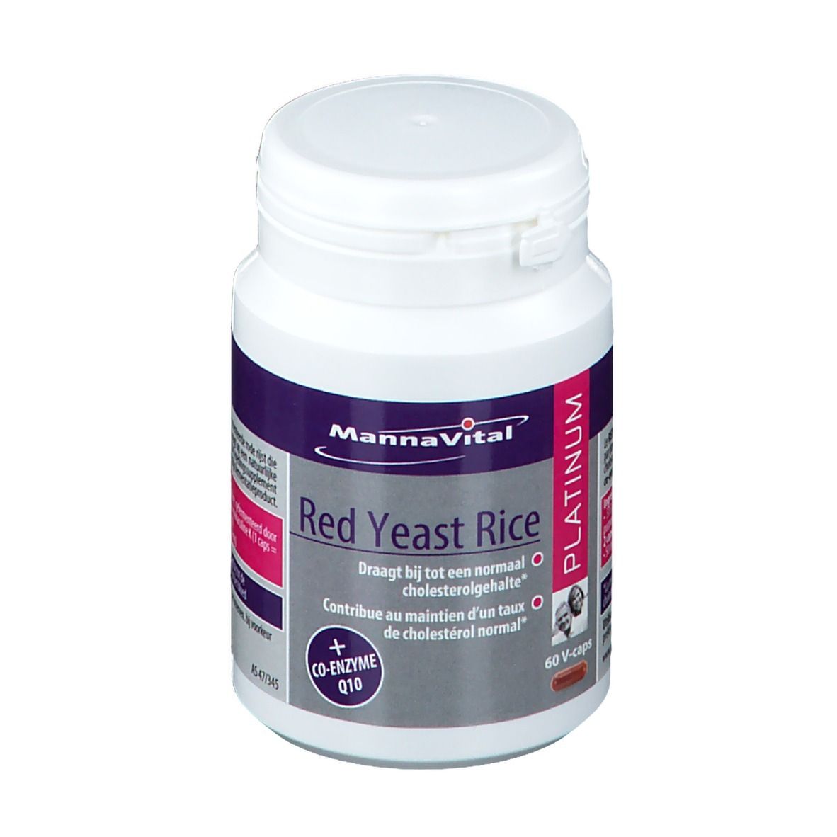 Flacon blanc avec étiquette rouge. Inscription: MannaVital Red Yeast Rice Platinum. 60 V-caps.