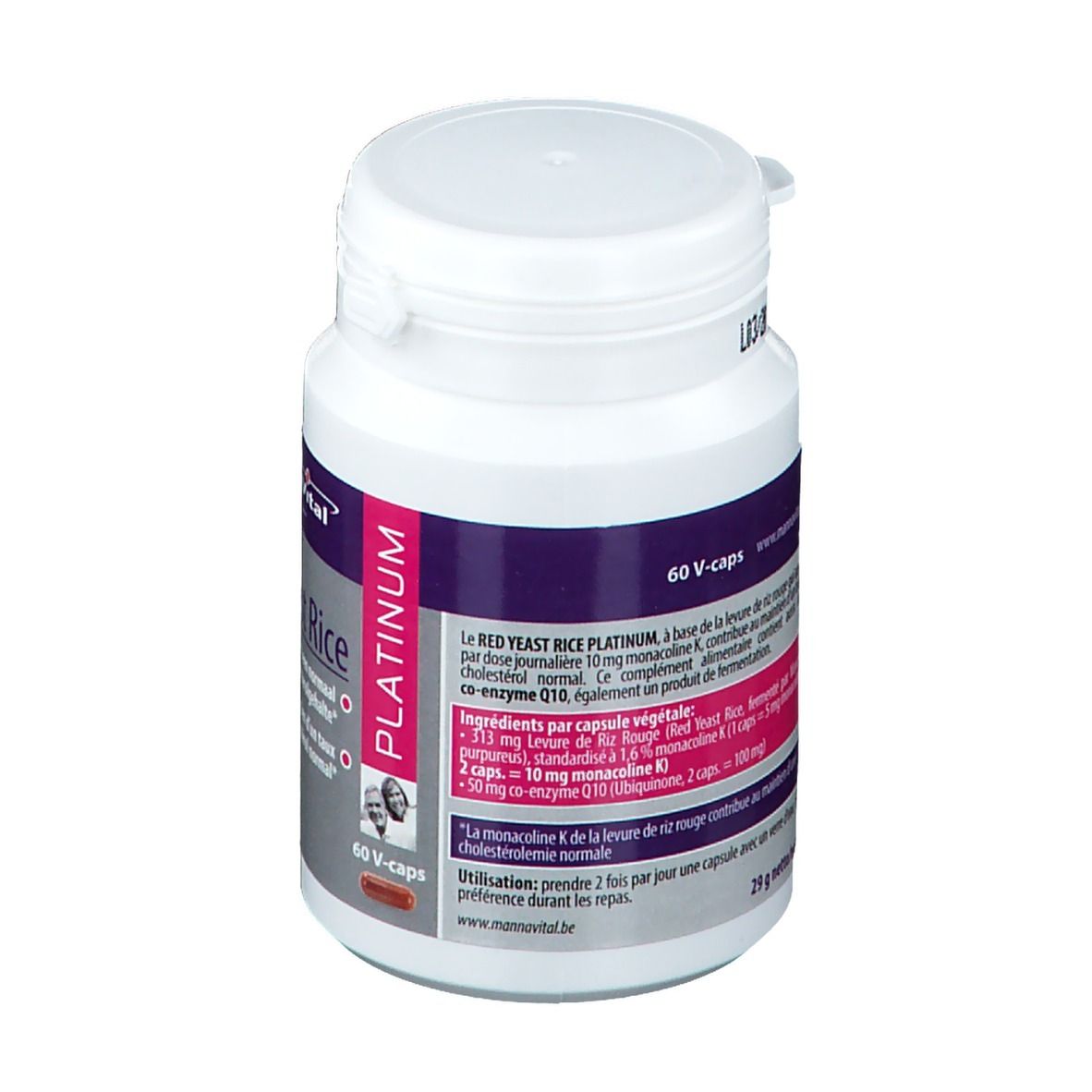 Flacon blanc avec étiquette rouge. Inscription: Red Yeast Rice Platinum. 60 V-caps. Ingrédients.