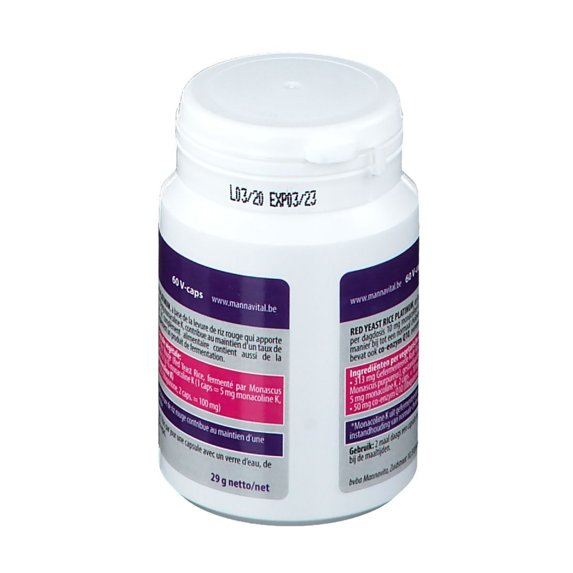 Flacon blanc avec étiquette rouge. Inscription: Red Yeast Rice Platinum. 60 V-caps. Date de péremption.